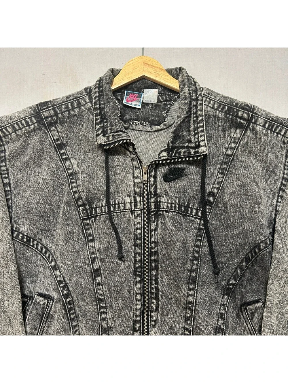 VTG 80's Nike Challenge Court Andre Aggasi Black Acid Wash Denim Zip Up Jacket L